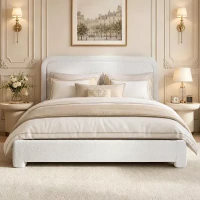 Maxspeed Upholstered Platform Bed Frame with Adjustable Headboard, No Box Spring Needed, White