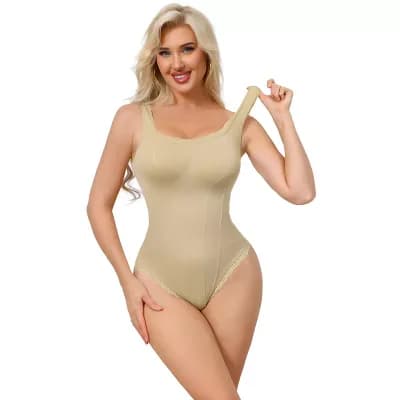 Women's Lace Trim Bodysuits Square Neck Tummy Control Tank Tops Leotard Ribbed Thong Bodyshaper
