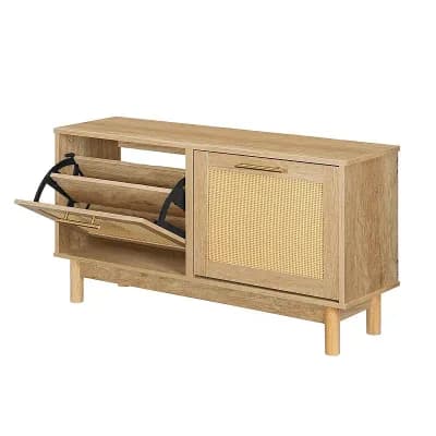 2 Drawer Storage Bench with Rattan Accents, Shoe Organizer and Seating for Entryway or Bedroom