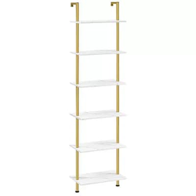 6 tier Ladder Bookcase Leaning Shelf with Metal Frame Marble Look Shelves for Storage Display