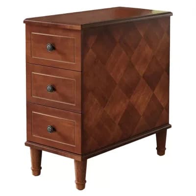 Wood Nightstand with 3 Drawers and Bronze Hardware, Narrow Side Table with Storage, No Assembly