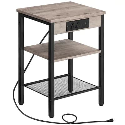 Narrow Sofa Side Table with Charging Station, 3 tier Storage Shelf for Small Spaces