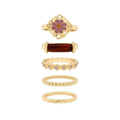 Emberly Gold Tone Flower 5 pc Ring Set
