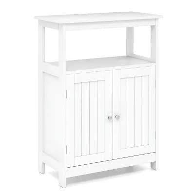 Small Space Storage Cabinet with Doors, Open Compartment, Freestanding Design