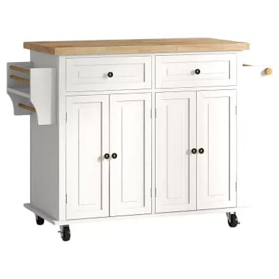Modern Kitchen Cart with Cabinets, Rubberwood Top and Locking Casters