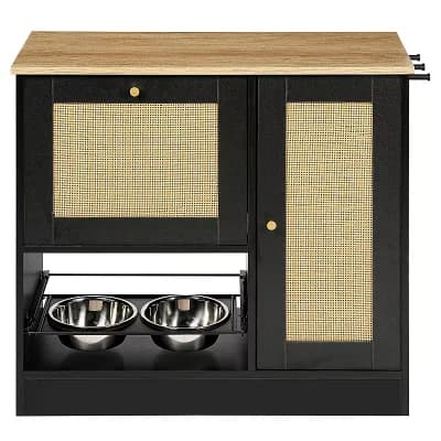 Feeding Station with Two Storage Cabinets, Equipped with Dog Bowls, Side Hooks and Rattan Doors