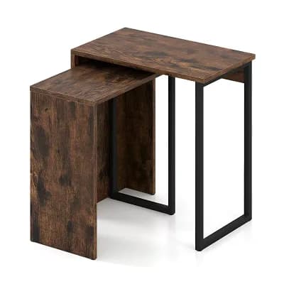 2 pc Nesting Side Table Set with Wood Tops and Metal Frame for Living Room