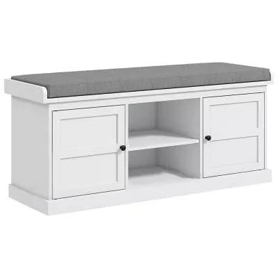 Entryway Shoe Storage Bench with Linen Cushion and Adjustable Shelves - White, Grey