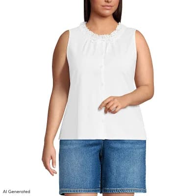 Plus Size Lands' End Lightweight Jersey Button Front Lace Trim Tank Top
