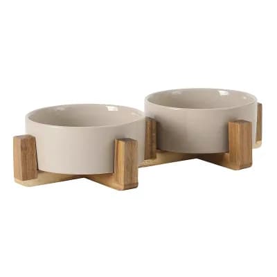 Gibson Home Zoomie Bites Ceramic Dog and Cat Bowl Set with Acacia Stand 5.5 inch
