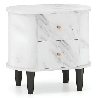White Faux Marble Nightstand with 2 Drawers for Bedroom or Living Room