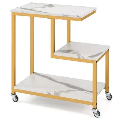 G-Shaped Rolling Accent Table 3 Shelves Lockable Wheels for Bedroom or Office
