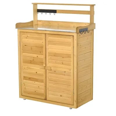 Fir Wood Garden Storage Shed with Three Shelves and Magnetic Doors