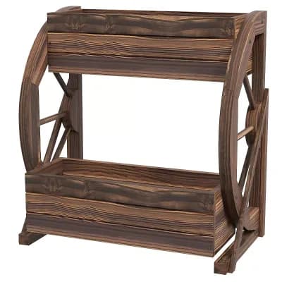 Patio and Yard Raised Wooden Planter with Flower Boxes and Decorative Wheel Design