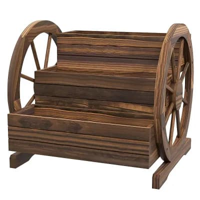 Raised Fir Wood Garden Bed with 3 Flower Boxes and Vintage Wheel Design
