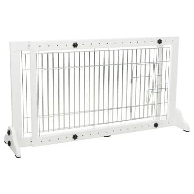 Expandable Wooden Freestanding Pet Gate with Pet Door, Expands to 71" Wide