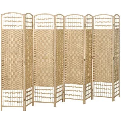 Eight-Panel Folding Room Divider with Woven Paper Panels and Wood Frame
