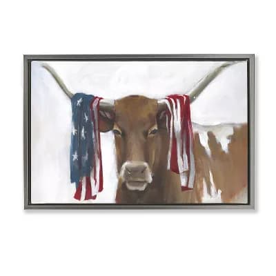 Stupell Home Decor Patriotic Longhorn with Flag Framed Wall Art