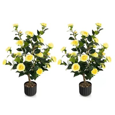 Set of 2 Artificial Camellia Trees with Flowers and Leaves in Cement Pot