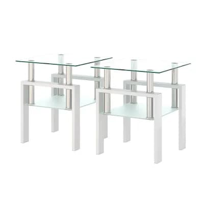Set of 2 Square Glass Side Tables with Frosted Lower Shelf and Metal Legs for Living Room or Bedroom