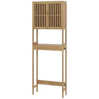 Over the Toilet Storage Cabinet with Slatted Doors and Open Shelf