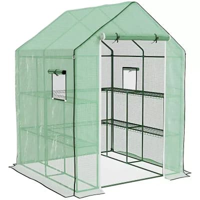 Walk-In Mini Greenhouse with 2 tier Plant Shelves, PE Cover and Zipper Door