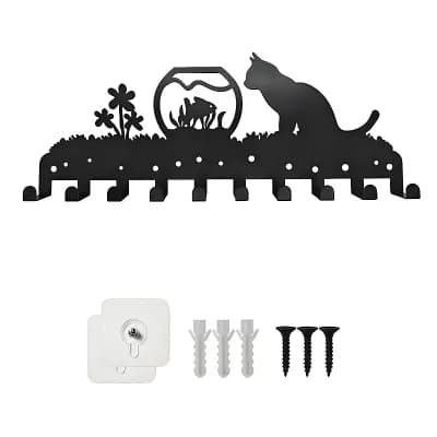 Whimsical Cat Wall Rack with 10 Hooks for Keys, Coats, Leashes, or Accessories