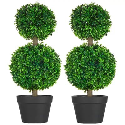Set of 2 Artificial Boxwood Topiary Trees Ball Shape with Pot for Porch Patio
