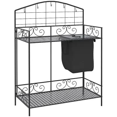 Folding Garden Work Bench with Shelves, Hooks, and Storage Bag for Patio, Greenhouse