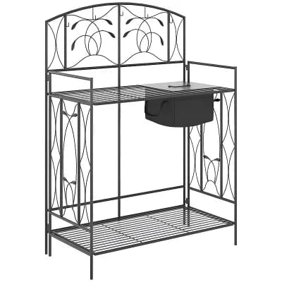 Folding Garden Potting Bench with Shelves, Hooks, and Tool Bag for Planting, Potting, and Gardening