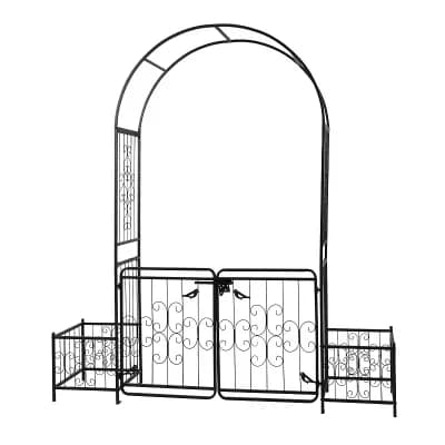 Outdoor Garden Arch Arbor with Gate and Side Plant Stands for Backyard Entry