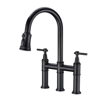 Kitchen Faucet with Pull Out Sprayer, Bridge Style, Dual Handle, Stream and Spray Modes