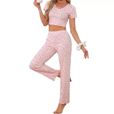 Womens Y2K Loungewear Jersey Knit Cute Floral Short Sleeve V Neck Stretchy Pants Casual Pajama Set