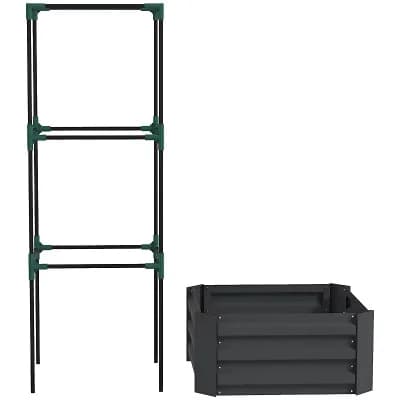 Raised Garden Bed with Trellis, Square Metal Planter Box with Tomato Cage for Patio or Backyard