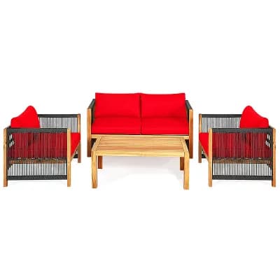 Costway 4 pc Acacia Wood Patio Conversation Set w/Cushions for Garden