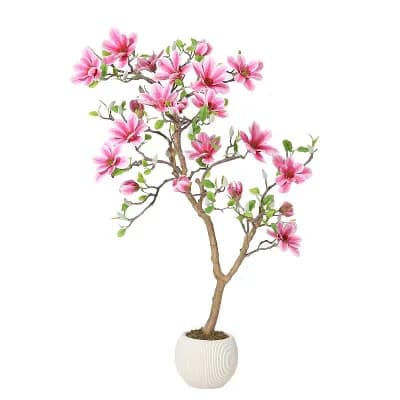 Artificial Magnolia Tree with Soft Pink Blooms,Realistic Silk Floor Plant for Home Office Decor