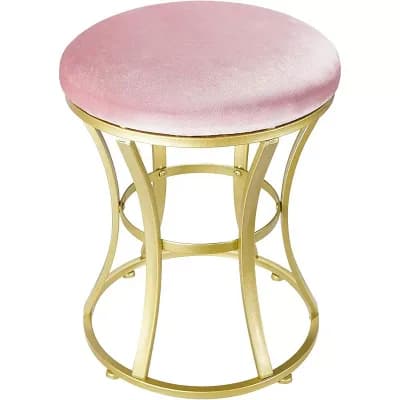 Pink Velvet Round Vanity Stool, Padded Footstool, Gold Metal Legs