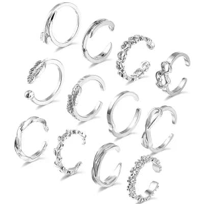 12 pc Silver Adjustable Toe Rings Set
