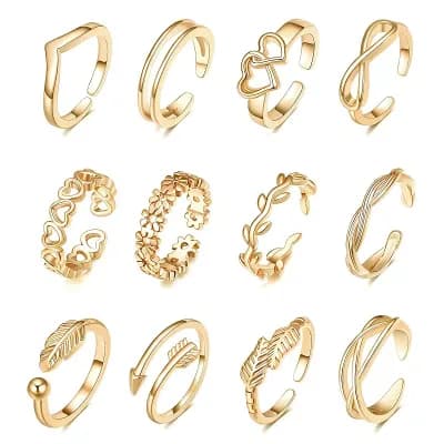 12 pc Gold Plated Adjustable Toe Ring Set