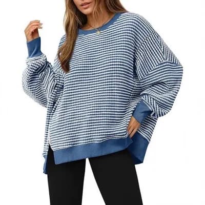 Women Round Neck Split-Hem Pullover Comfortable Brushed Sweatshirt