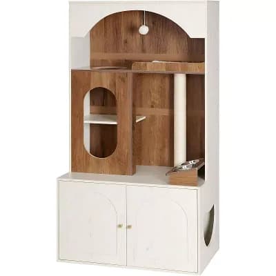 Multi-Functional Cat Condo with Hidden Litter Box, Elevated Feeding Station, Modern Design