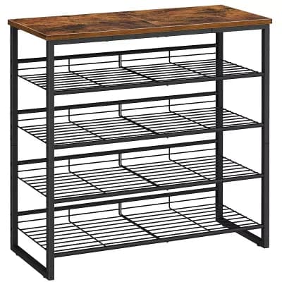 Adjustable 5 tier Shoe Storage Rack Particleboard Metal Frame Raised Back Panel Top Shelf