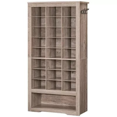 Tall Shoe Organizer Cabinet 24 Cubes with Bottom Storage and Hooks for Bedroom Entryway