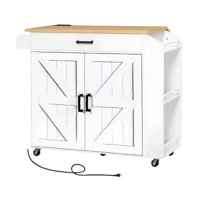 Kitchen Cart with Foldable Counter, Power Outlet, Spice Rack and Locking Wheels