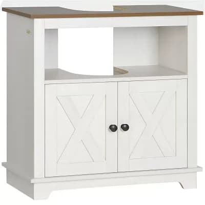 Bathroom Under Sink Cabinet with U-Shaped Cutout and Open Shelf Storage