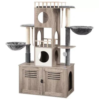 Multi-Functional Cat Tree with Hidden Litter Box, Dual Condos, Hammocks, and Scratching Posts