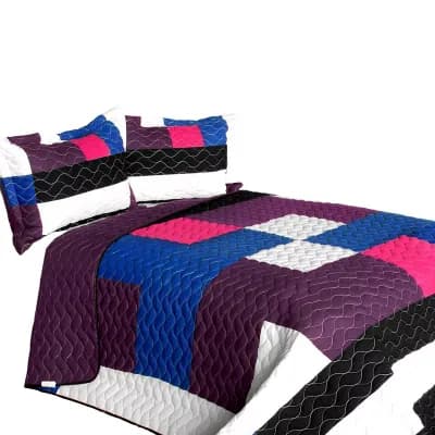 Patchwork Quilt Set Full/Queen 3 pc Vermicelli Stitch Reversible Bedding