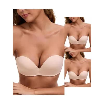 3 Packs Women's Deep V Strapless Wireless Demi Bandeau Lace Thin Top Thick Bottom Push-Up Tube Bra