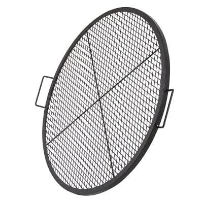 X Marks Fire Pit Grill Grate with Handle, Round Steel Campfire Cooking Grid