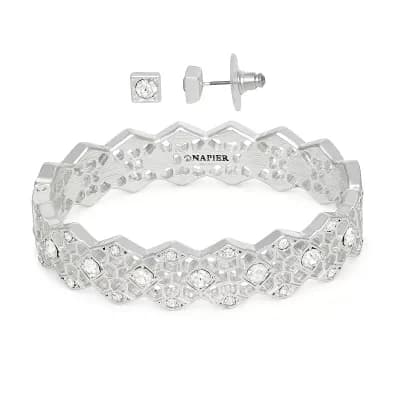 Napier Silver Tone Elevated Bangle & Stud Earrings Set